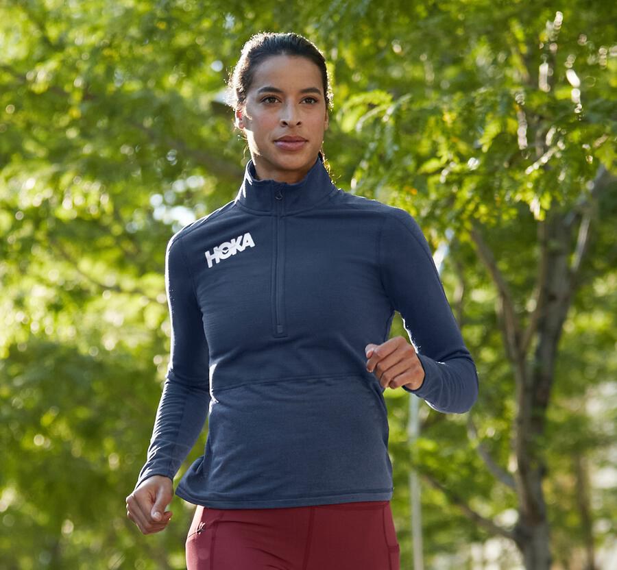 Hoka Australia One One 1/2 Zip Midlayer - Womens Tops Navy - QANKF-5016